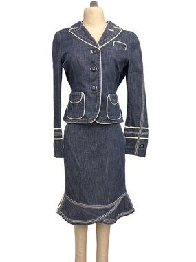 Vintage Y2K Marc Jacobs Denim Two Piece Suit Jacket Skirt Cream Piping Size 8 RN